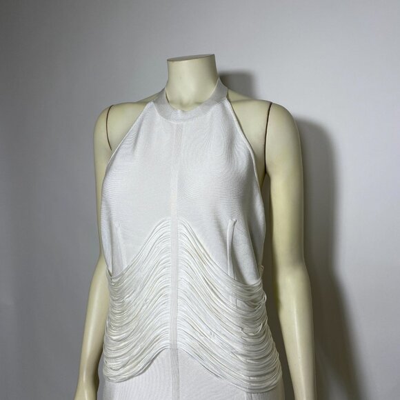 HERVE LEGER White Knit Draped Fringe 'Natalie' Gown - Picture 6 of 11